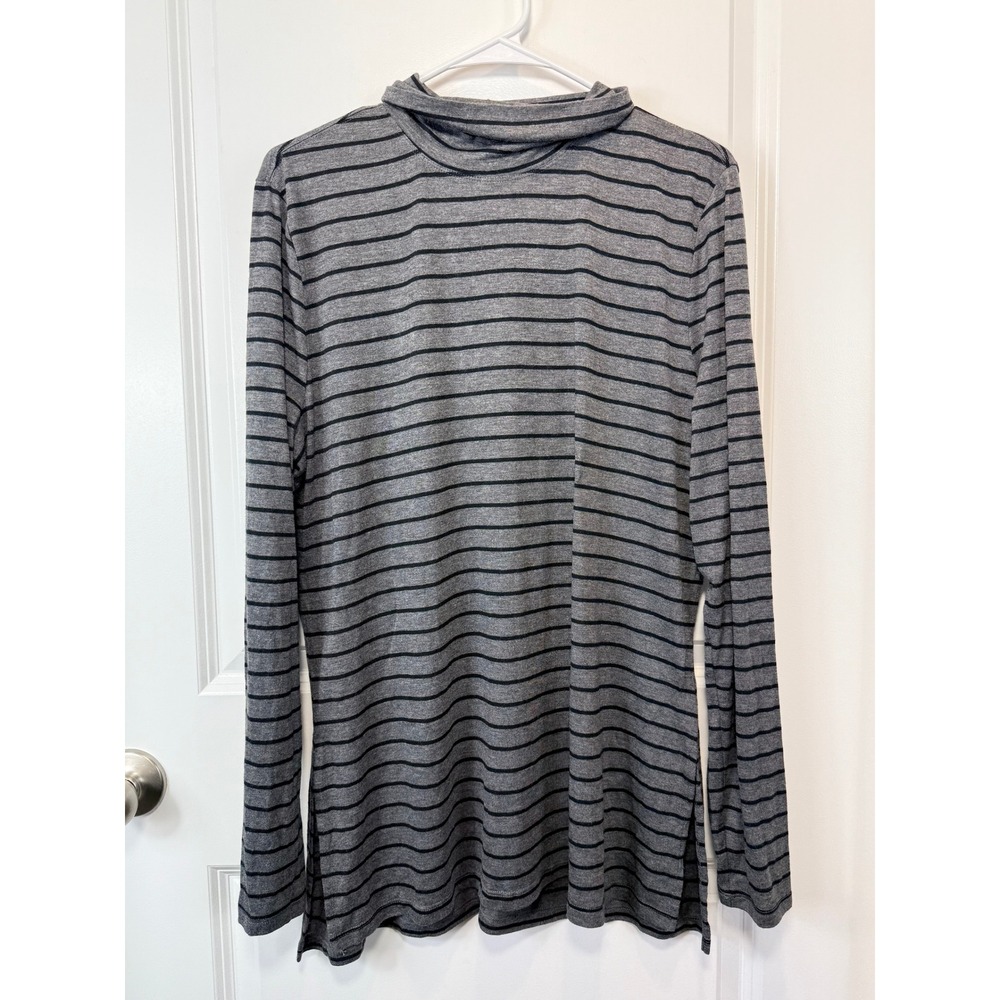 Athleta Striped Turtleneck Tunic Top Grey Black Long Sleeve Modal Blend RN 54023